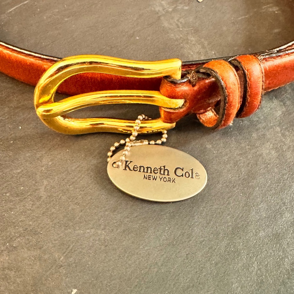 New Kenneth Cole New York Mens Brown Leather Belt Gold Buckle Size‎ 36 Italian